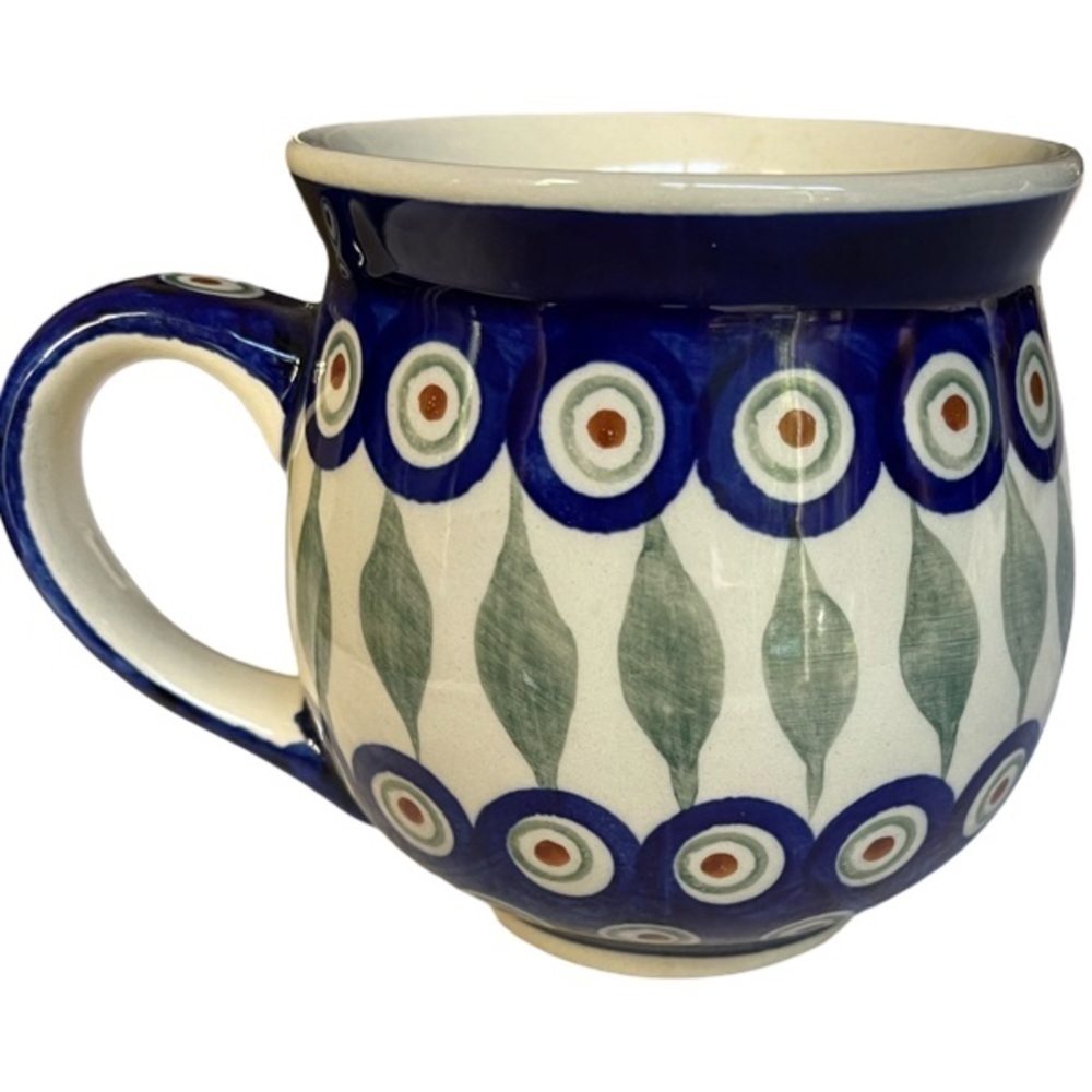 Authentic Polish Pottery Bubble Mug 10 oz in Peacock Leaves Design